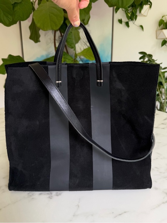Clare V Suede Simple Tote with Racing Stripes Matte Black with Strap - Picture 2 of 14